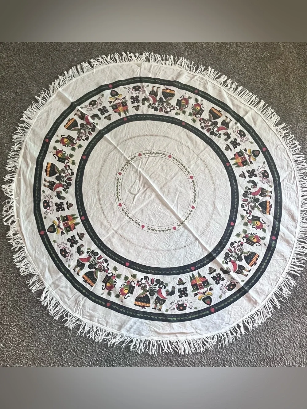 Set of 2 1950s tablecloths Pennsylvania PA Dutch Folk Art 56” Round & floral sq
